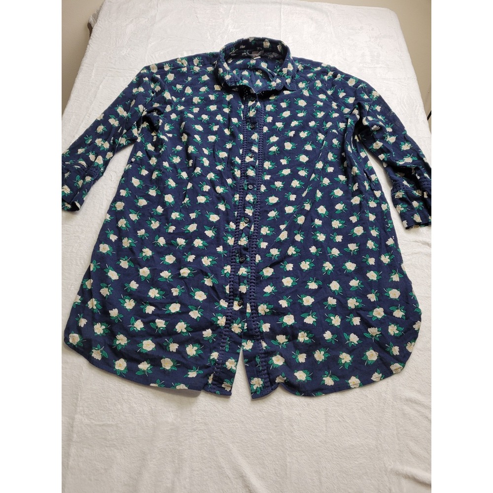 Draper James Lands' End Tunic Top Womens 1X Navy Blue Floral Lace Trim